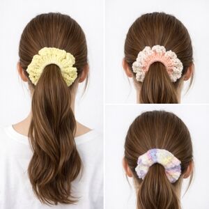 Handmade Textured Crocheted Scrunchies Ponytail Holder Hair Tie Set Of 3 - New